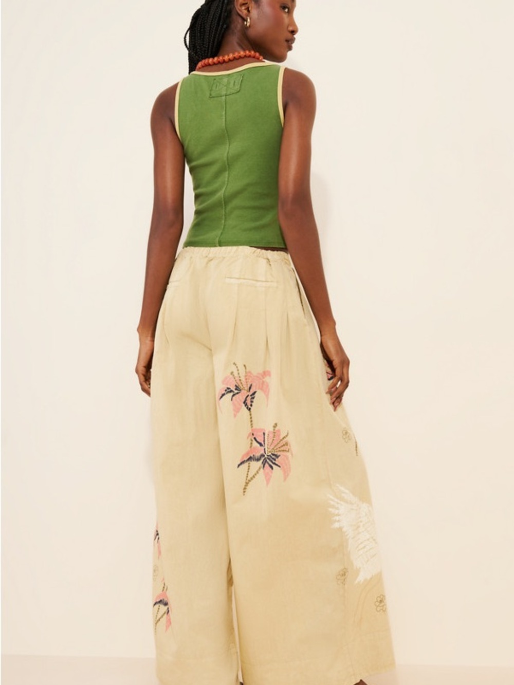Tricia Fix Cream Wide-Leg Embroidered Pants with Pink Floral & White Crane - Picture 2 of 2